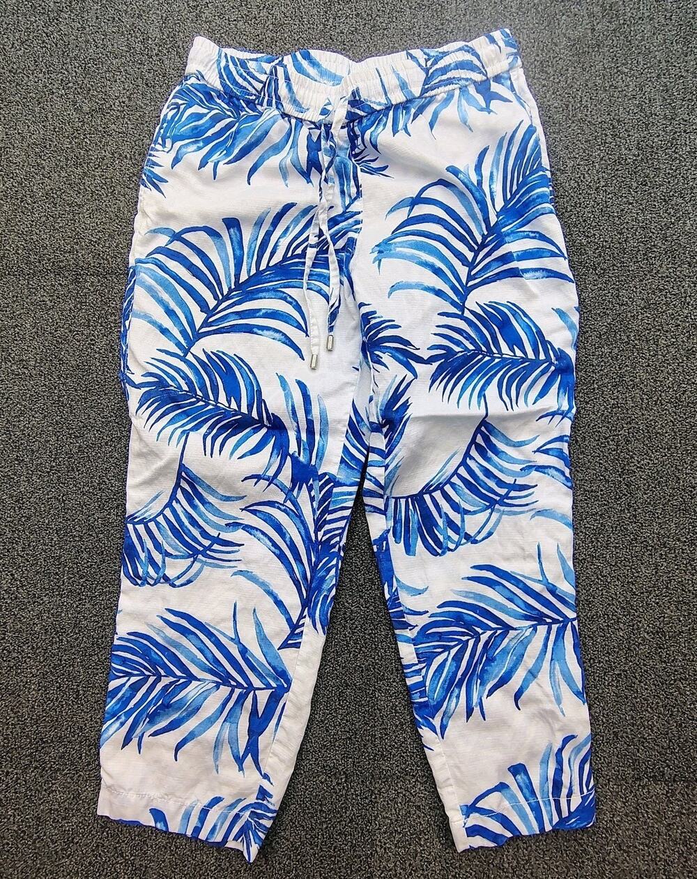 Tommy Bahama Linen Pants Womens Size XS Blue Tropical Palm Print Drawstring